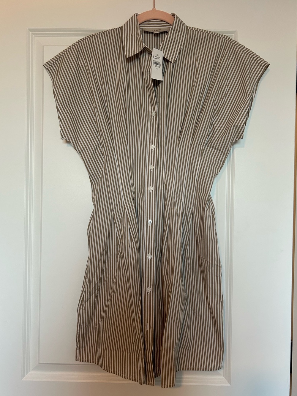 NWT LOFT Beige and White Striped Button-Front Dress